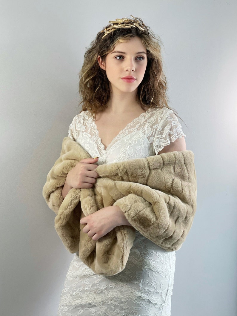 Beige Faux Fur Bridal Wrap, Wedding Fur Shawl, Fur Wrap, Bridal Faux Fur Stole, Cape (Jenny Brw04/Ivy04)