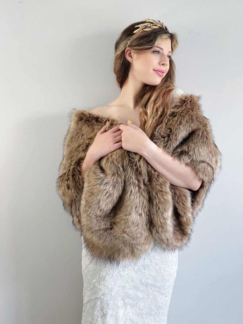 Brown Faux Fur Bridal Wrap, Wedding Fur shrug, Brown Fur Wrap, Bridal Faux Fur Stole Fur (Butterfly Brw03)