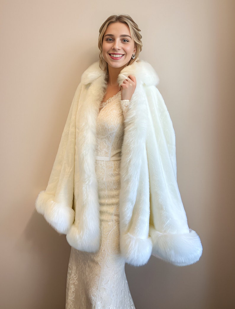 Ivory Faux Fur Bridal Cape, Wedding Faux Fur Coat, Bridal Cape, Hooded Cape, Hooded Fur Cloak, Fur Cape, Snow Wedding (Juliet Wht01)