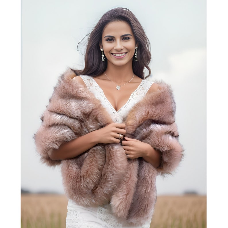 Pink with Black Tips Fur bridal wrap, Dusty Rose Wedding Fur, Bridal Fur, Fur Wrap, Bridal Faux Fur Stole Fur Shawl Cape (Lilian Pin03)