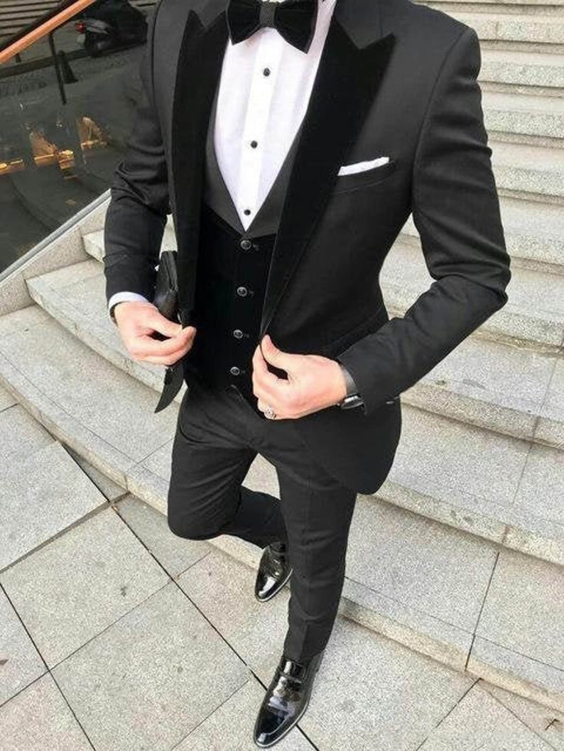 Men Custom Suit Premium Three Piece Black Velvet Tuxedo Men's Suit For Wedding, Engagement, Anniversary, Prom, Groom Wear And Grooms Men