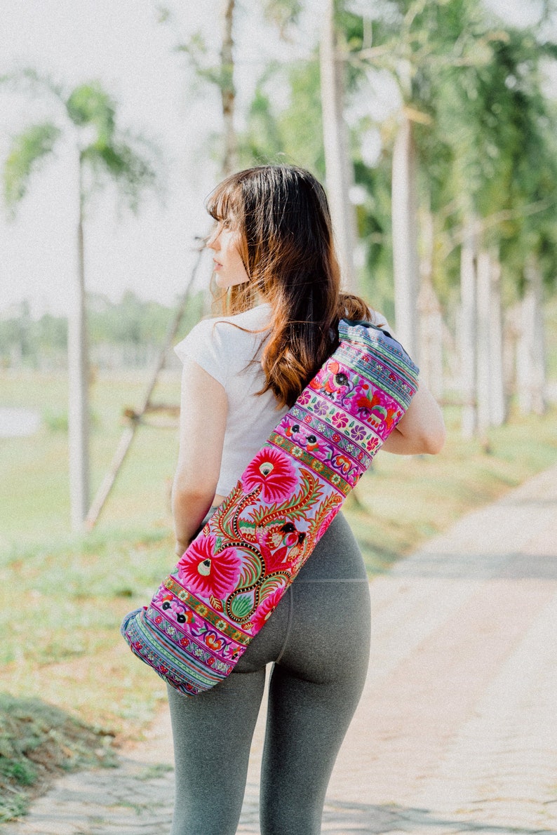 Handmade Yoga Mat Bag Hmong Embroidered in Purple, Floral Yoga Mat Bag from Thailand, Yoga Mat Bag for Women - BG316PURH