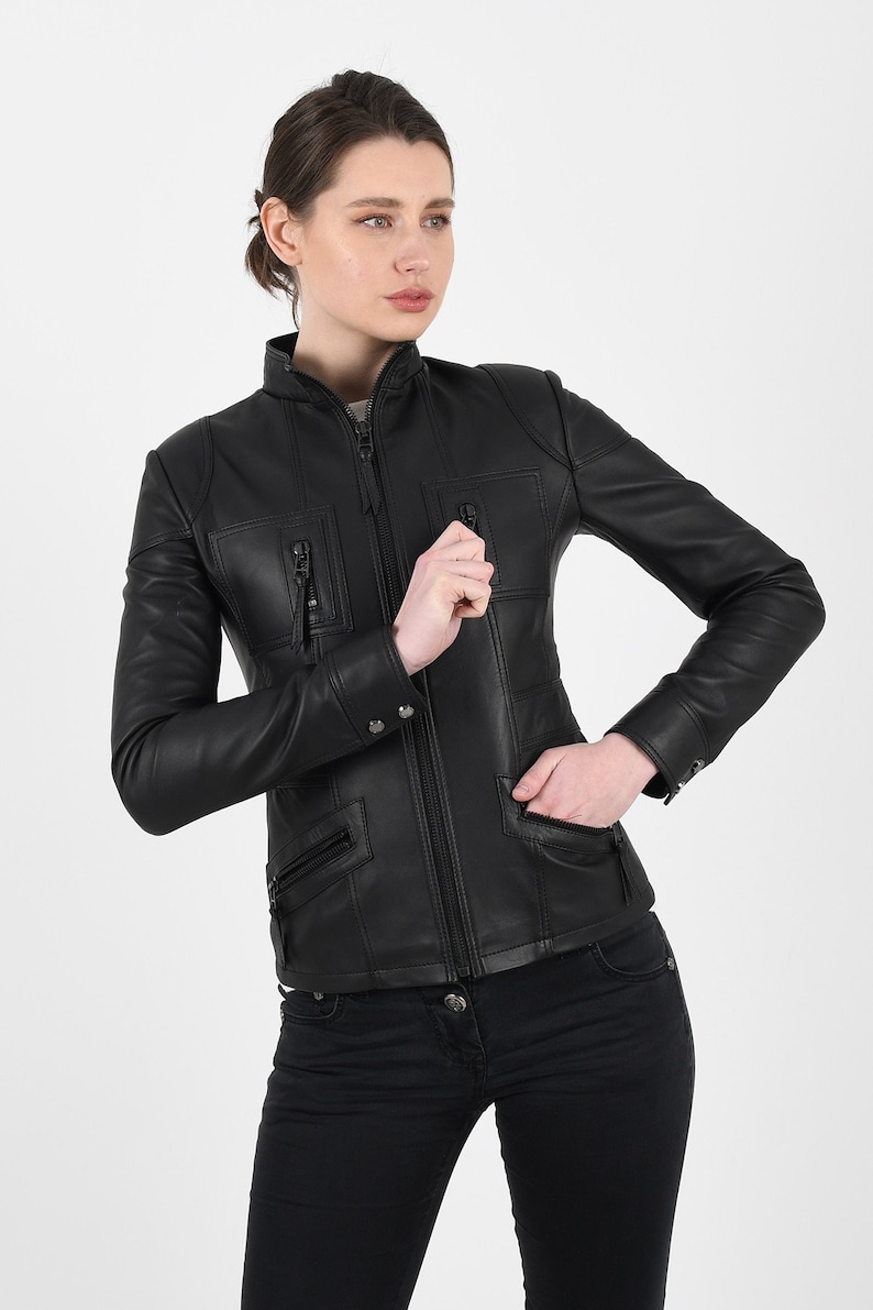 ALiN - Melody Slim Fit Women's Black Leather Jacket, Stand up Collar Genuine Lambskin Fitted Leather Coat for Women's | Leather Gift for Her