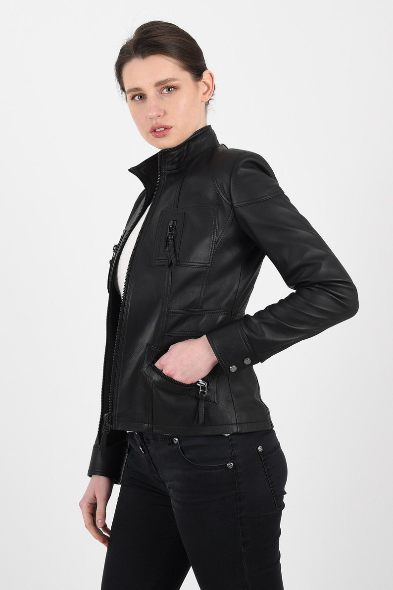 ALiN - Melody Slim Fit Women's Black Leather Jacket, Stand up Collar Genuine Lambskin Fitted Leather Coat for Women's | Leather Gift for Her