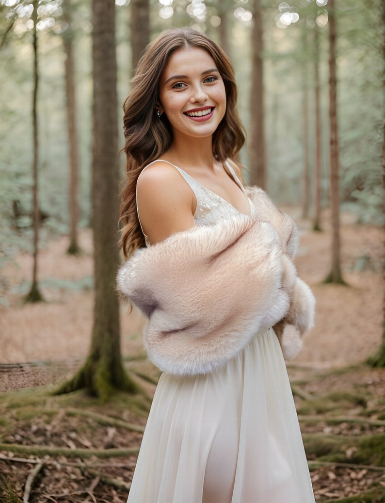 Blush with Black Tips Bridal Faux Fur Wrap / Shrug / Stole / Shawl / Bridesmaids Gifts / Plus Size Bride Fur Shawl (Lilian Blu02)