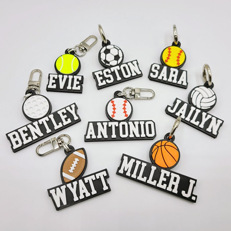 Sports (Baseball/Basketball/Football/Golf/Soccer/Softball/Tennis/Volleyball) Personalized Keychain / Keyring / Bag Tag - 3D Printed Plastic