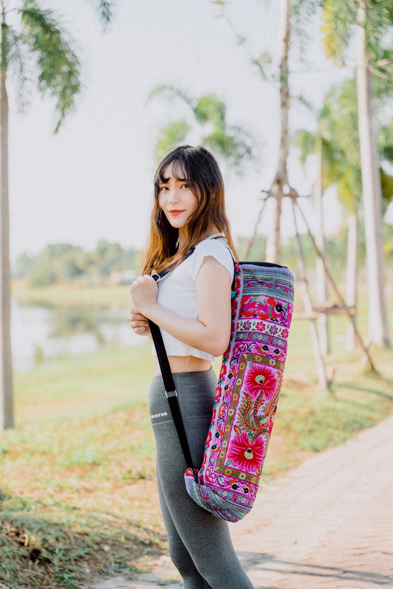 Handmade Yoga Mat Bag Hmong Embroidered in Purple, Floral Yoga Mat Bag from Thailand, Yoga Mat Bag for Women - BG316PURH