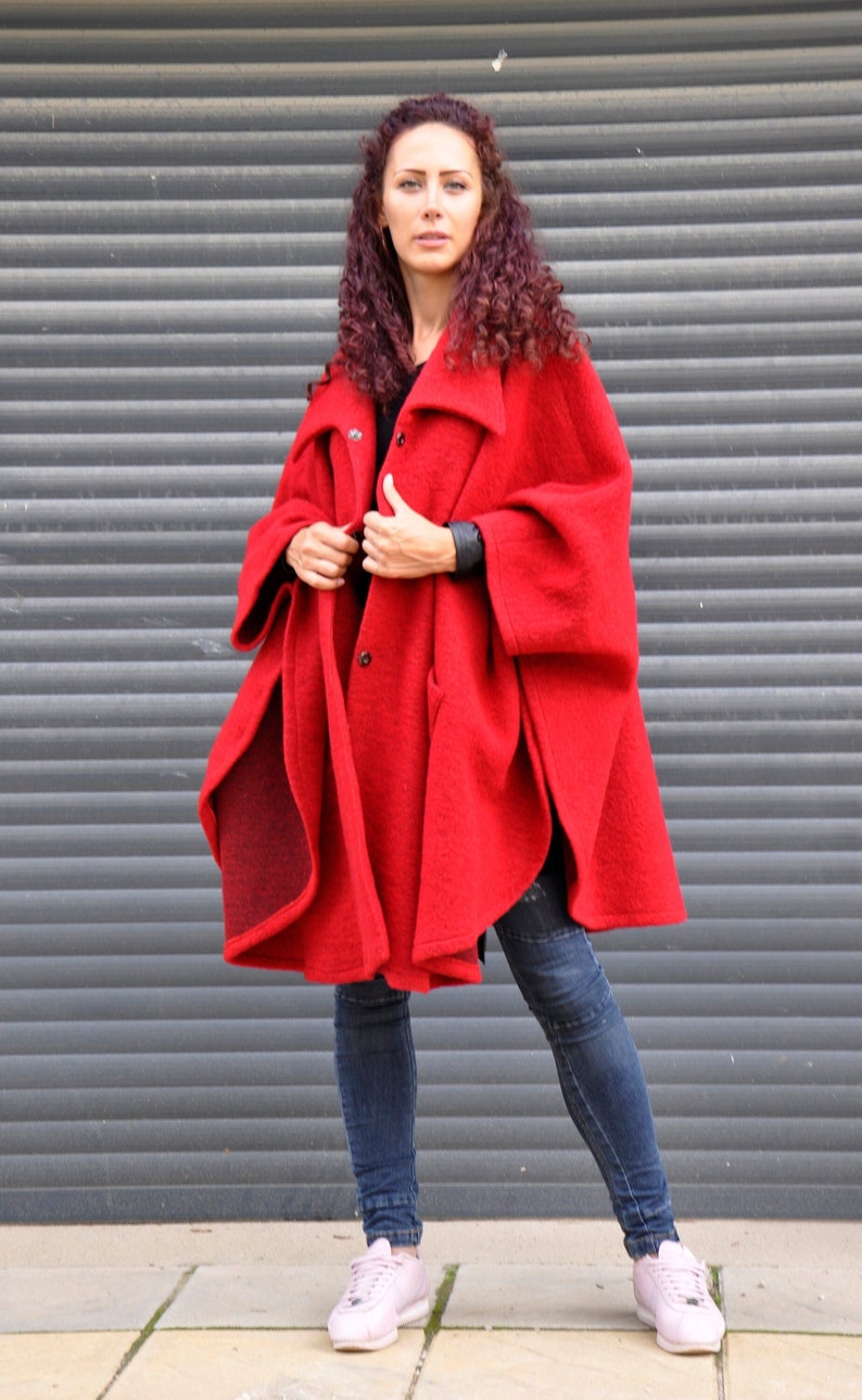 Womens Red Cape Coat, Winter Poncho, Cottage Core Coat, Swing Coat, Outerwear Clothing, Plus Size Coat, Batwing Coat, Plus Size Clothing