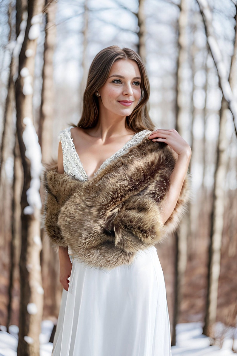 Brown faux fur bridal wrap, Wedding Fur shrug, Brown Fur Wrap, Bridal Faux Fur Stole Fur Shawl, wedding faux fur wrap (Lilian Brw03) Sale