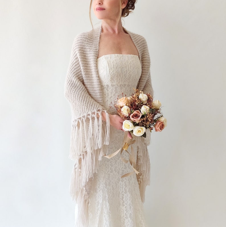 Beige wedding shawl, champagne cover up, bone winter wrap, bridesmaid gift, fringed wool wrap, mohair evening stole, triangular shawl, warm