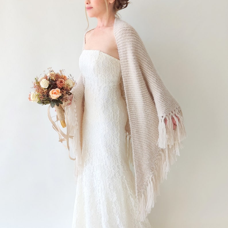 Beige wedding shawl, champagne cover up, bone winter wrap, bridesmaid gift, fringed wool wrap, mohair evening stole, triangular shawl, warm