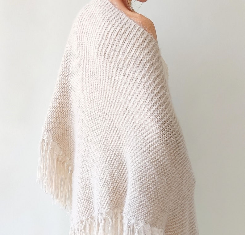 Beige wedding shawl, champagne cover up, bone winter wrap, bridesmaid gift, fringed wool wrap, mohair evening stole, triangular shawl, warm