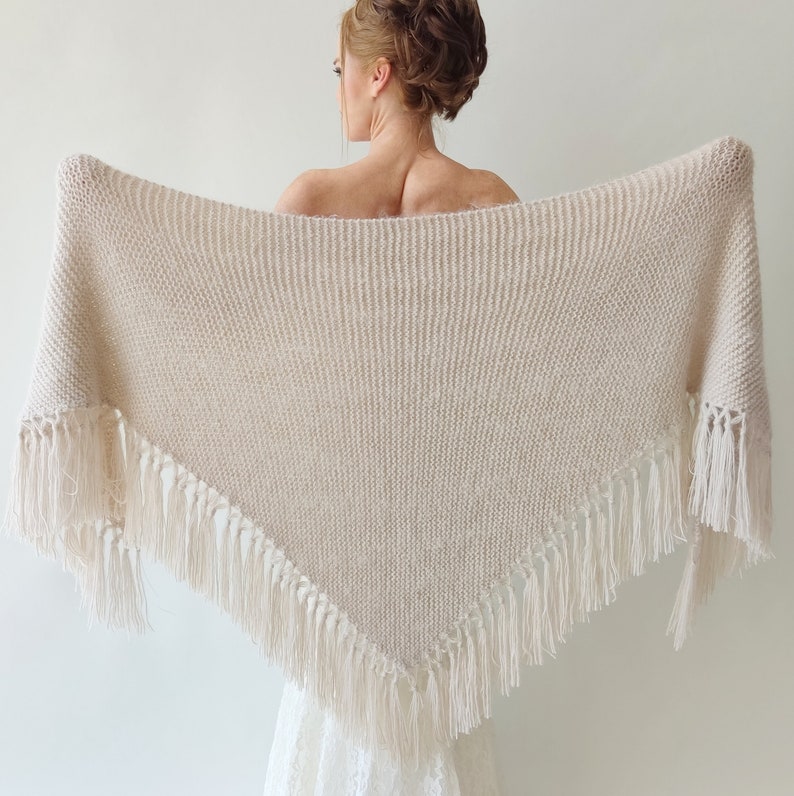 Beige wedding shawl, champagne cover up, bone winter wrap, bridesmaid gift, fringed wool wrap, mohair evening stole, triangular shawl, warm