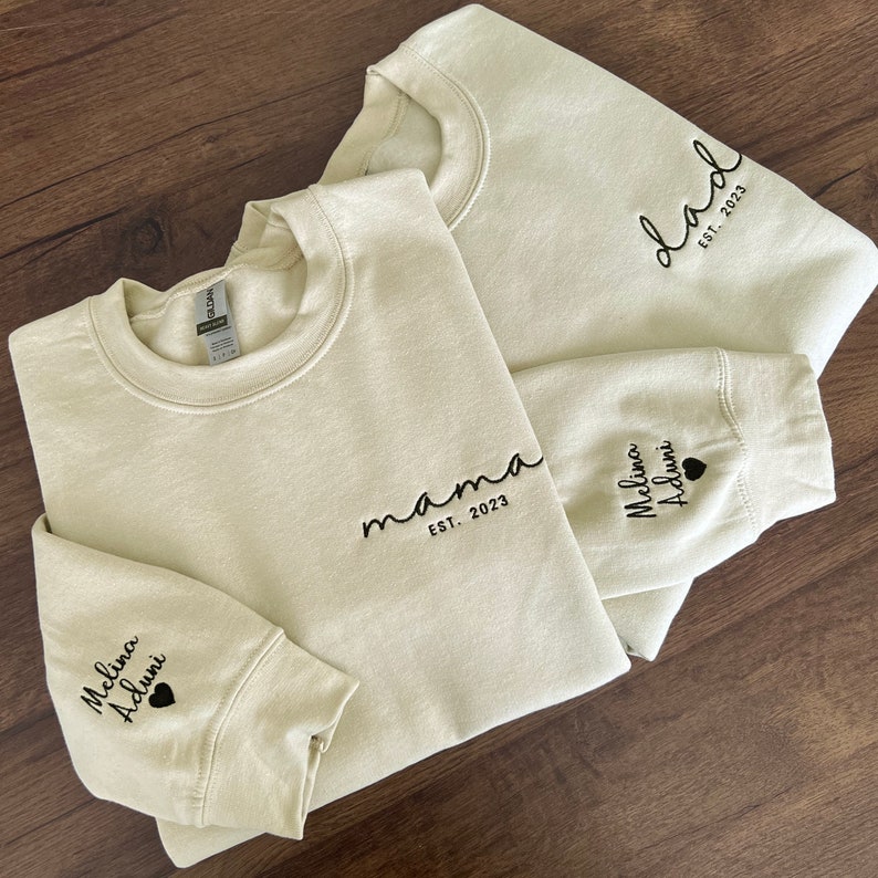 Dad Embroidered Sweatshirt, Custom Mama Shirt With Names, Heart On Sleeve, Daddy Est Year Hoodie, Gift For New Dad, Mother's Day Gift