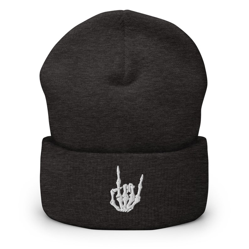 Embroidered Skeleton Hand Rock-On Beanie, Metal Hand Sign Of The Horns Halloween Toque, Two Finger Salute Woolly Hat