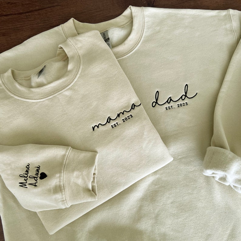 Dad Embroidered Sweatshirt, Custom Mama Shirt With Names, Heart On Sleeve, Daddy Est Year Hoodie, Gift For New Dad, Mother's Day Gift