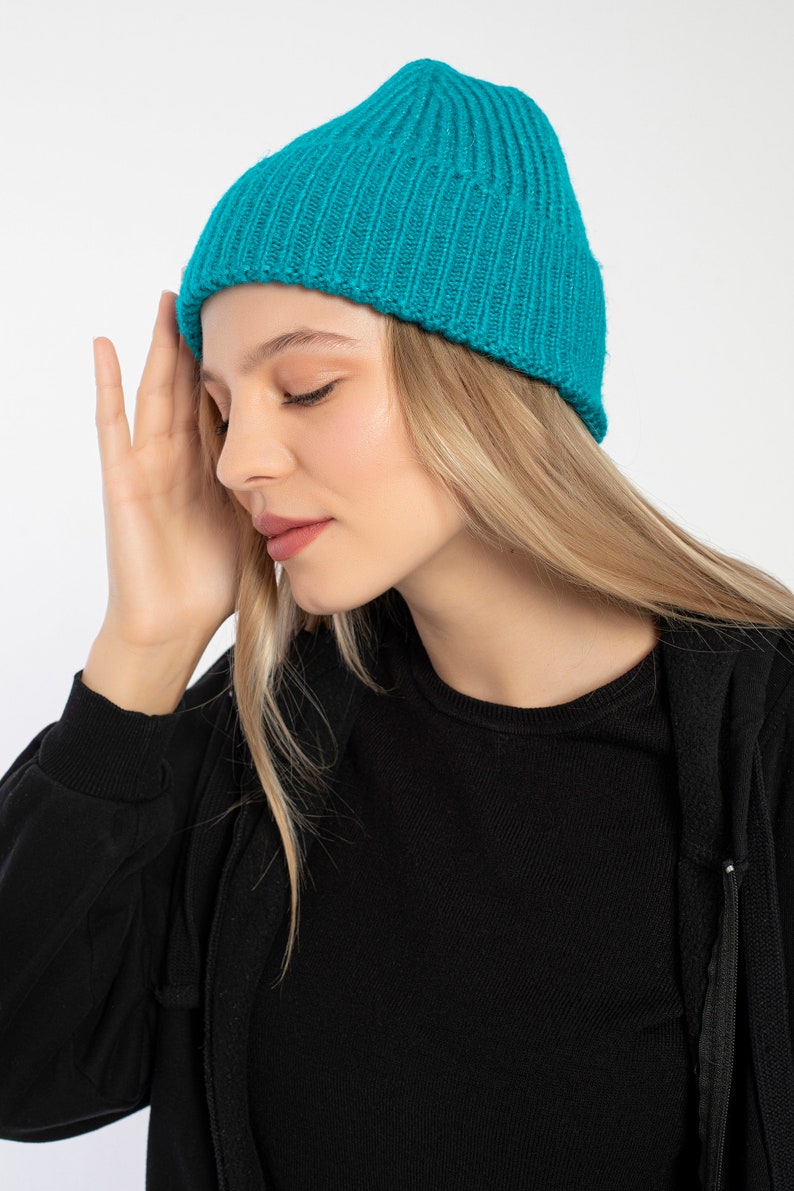 Teal Seamless Beanie Cap, Acrylic Unisex Beanie, Hatsquare Winter Beanie, Man Skull Cap, Cuffed Knit Beanie, Women Super Soft Beanie