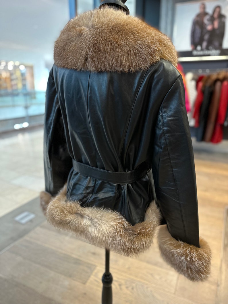 Women's High Quality Genuine Black Lambskin Black Coat With Real Crystal Fox Fur, winter coat, plus size, luxury leather, perfect gift