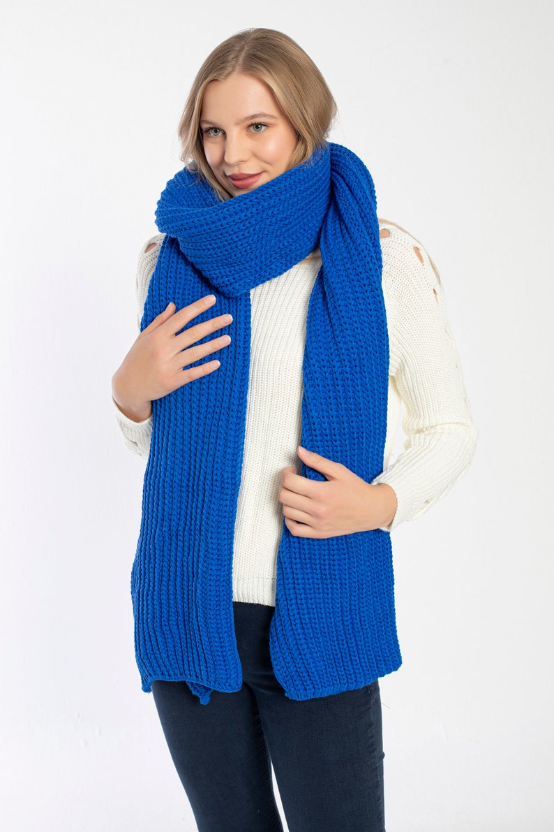 Blue Oversize Extra Long Chunky Scarf, Unisex Winter Hand Knitted Shawl, Women Blanket Scarf, Soft Ribbed Shoulder Wrap, Christmas Gift