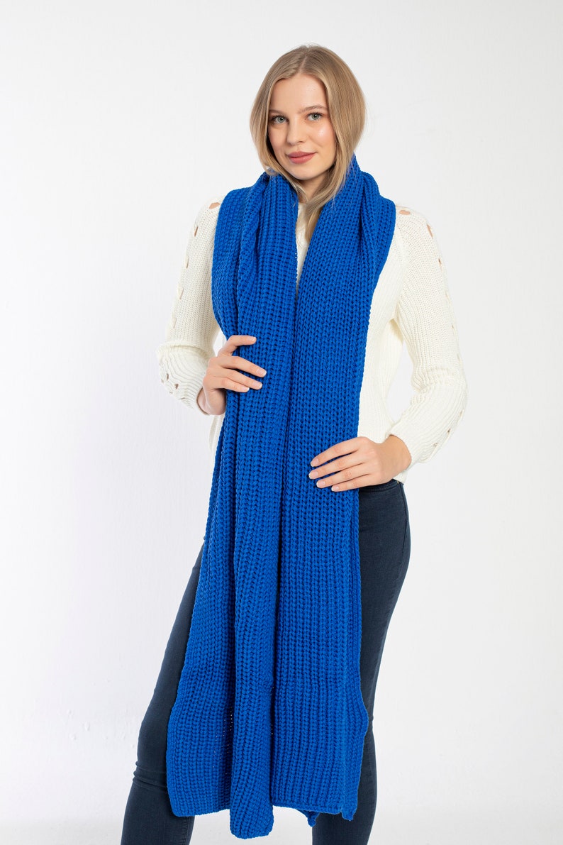 Blue Oversize Extra Long Chunky Scarf, Unisex Winter Hand Knitted Shawl, Women Blanket Scarf, Soft Ribbed Shoulder Wrap, Christmas Gift