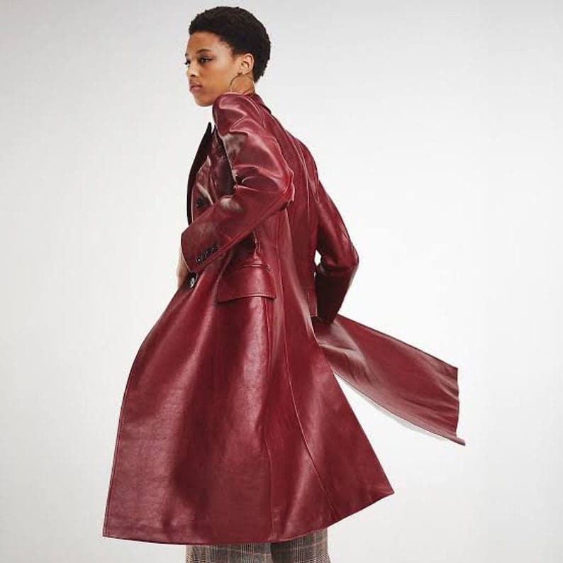 Women's Burgundy Double Breasted Leather Long Coat, Zendaya Burgundy Double Breasted Leather Trench Coat, Women's Burgundy Leather Jacket