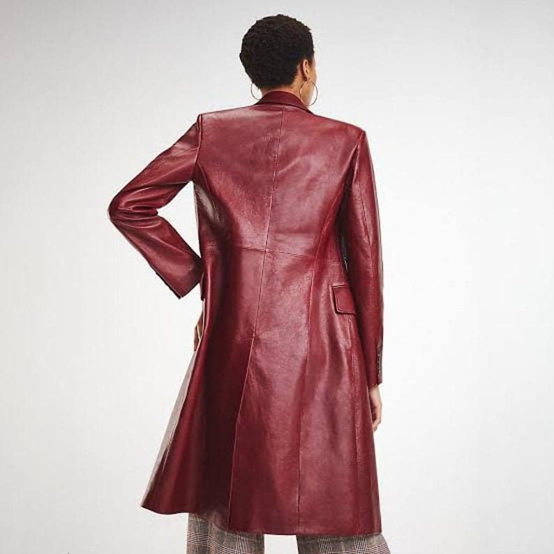 Women's Burgundy Double Breasted Leather Long Coat, Zendaya Burgundy Double Breasted Leather Trench Coat, Women's Burgundy Leather Jacket