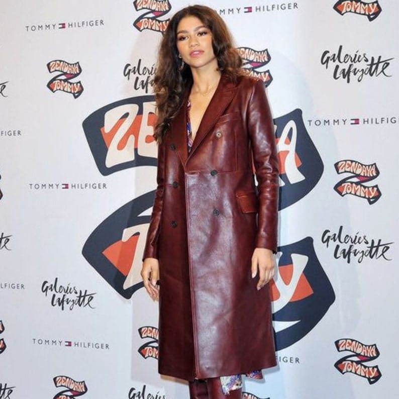 Women's Burgundy Double Breasted Leather Long Coat, Zendaya Burgundy Double Breasted Leather Trench Coat, Women's Burgundy Leather Jacket