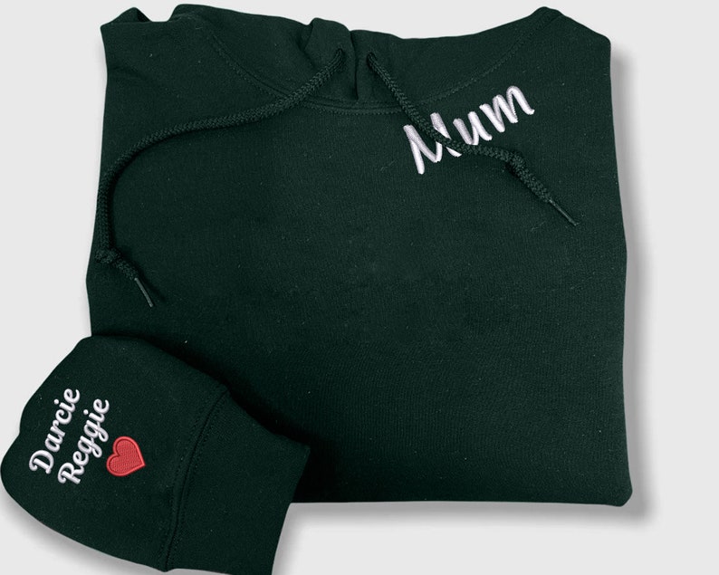 Embroidered Mama Hoodie, Personalised Text Names Women's Hooded Sweatshirt, Embroider Heart Names On Sleeve Top, Mum Jumper, Mother Day Gift