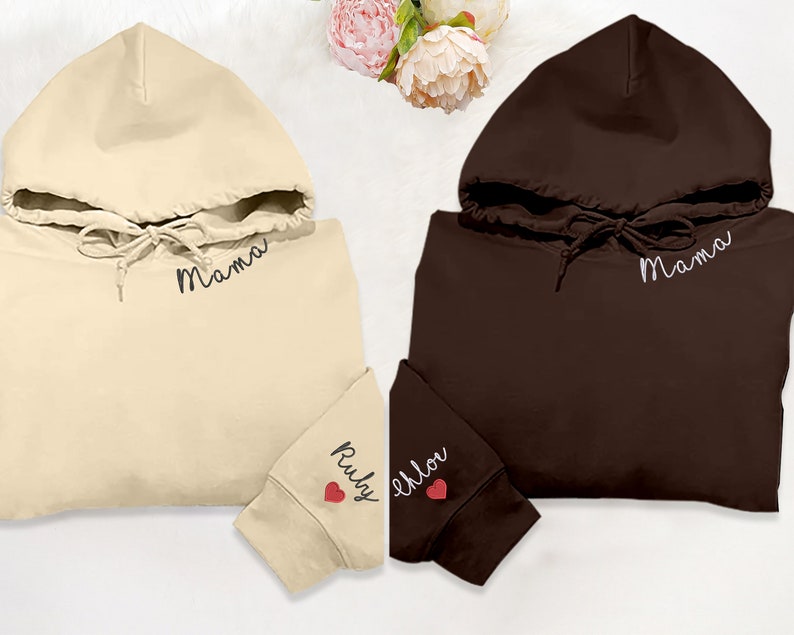 Embroidered Mama Hoodie, Personalised Text Names Women's Hooded Sweatshirt, Embroider Heart Names On Sleeve Top, Mum Jumper, Mother Day Gift