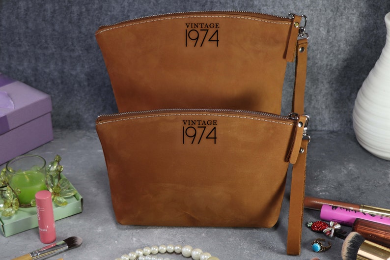 Customized Makeup Bag,Vintage 1974 Birthday Gift for Mom,Turning 50,Leather Makeup Bag,Gift for Grandma,Travel Toiletry Bag,Christmas Gift