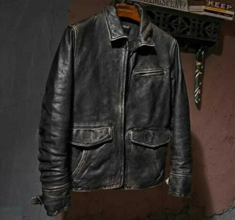 Men Vintage Jacket, Biker Motorcycle Jacket, Distressed Black Leather Jacket, Retro Bomber Jacket, Party Gift Jacket, Halloween Christmas GF