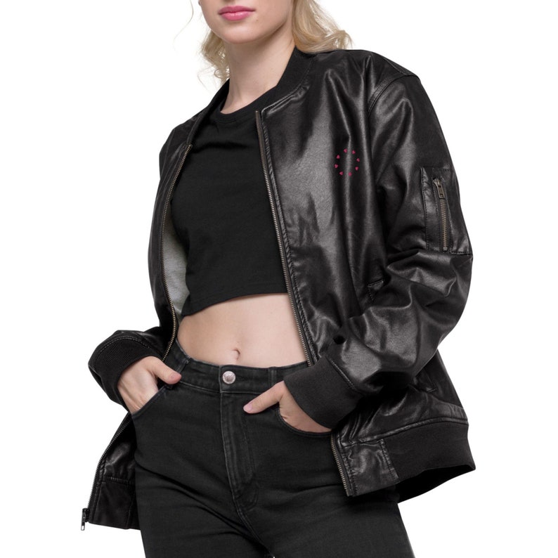 Women’s Faux Leather Bomber Jacket Pink Hearts Jacket Stylish Jackets For Her Fashionable Jackets For Women Faux Leather Jacket Black Brown