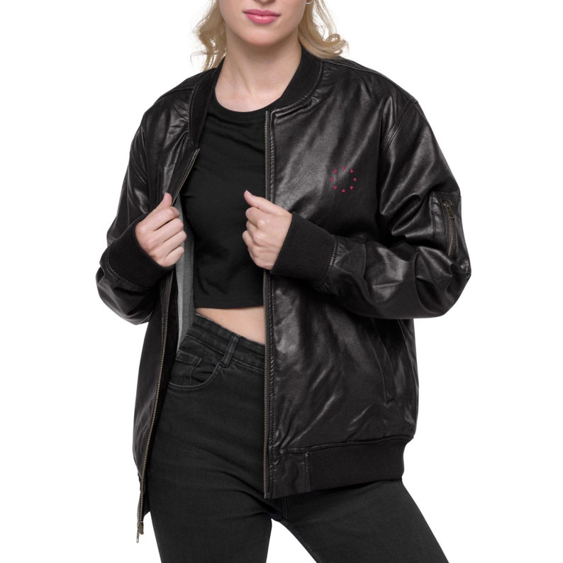 Women’s Faux Leather Bomber Jacket Pink Hearts Jacket Stylish Jackets For Her Fashionable Jackets For Women Faux Leather Jacket Black Brown