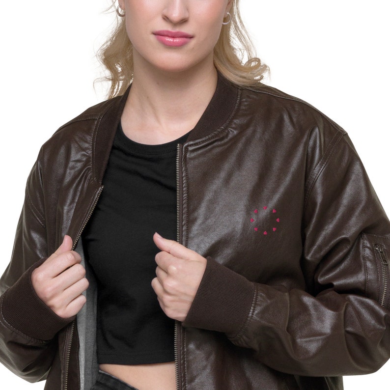 Women’s Faux Leather Bomber Jacket Pink Hearts Jacket Stylish Jackets For Her Fashionable Jackets For Women Faux Leather Jacket Black Brown