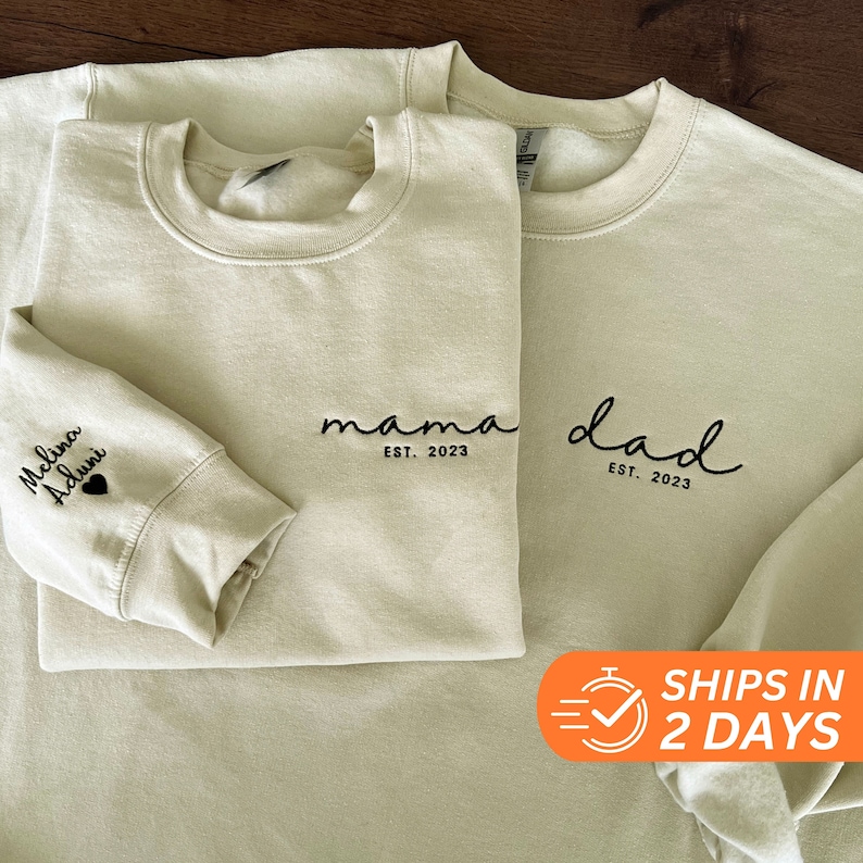 Dad Embroidered Sweatshirt, Custom Mama Shirt With Names, Heart On Sleeve, Daddy Est Year Hoodie, Gift For New Dad, Mother's Day Gift