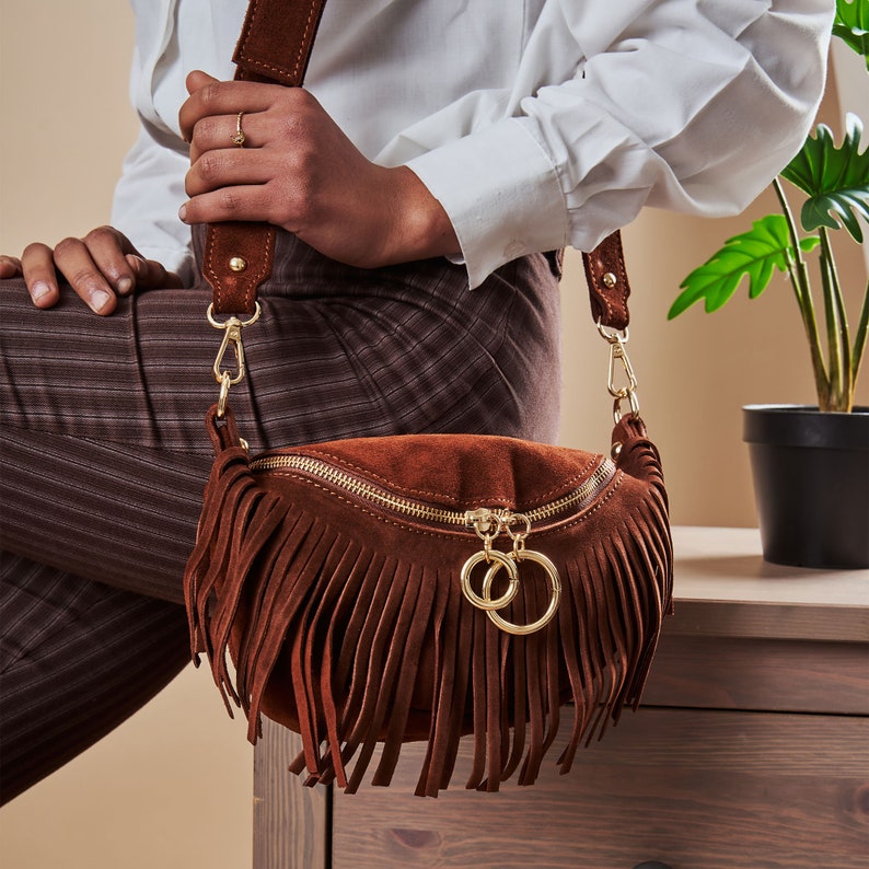 Boho Crossbody Bag, Italian Leather Fringe Crossbody Bag, Suede Leather Waist Bag for Women, Leather Fanny Pack, Women's Fringe Belt Bag