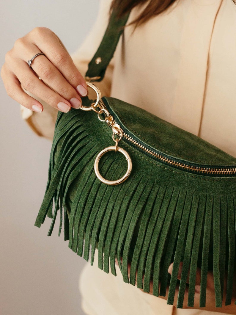 Boho Crossbody Bag, Italian Leather Fringe Crossbody Bag, Suede Leather Waist Bag for Women, Leather Fanny Pack, Women's Fringe Belt Bag