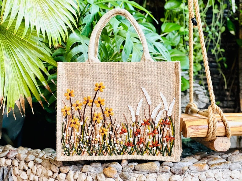 Hand Embroidered Burlap Bag, Flower Garden Jute Bag, Cute Market Bag, Eco Friendly Beach Bag, Aesthetic Bag, Handmade Tote Bag