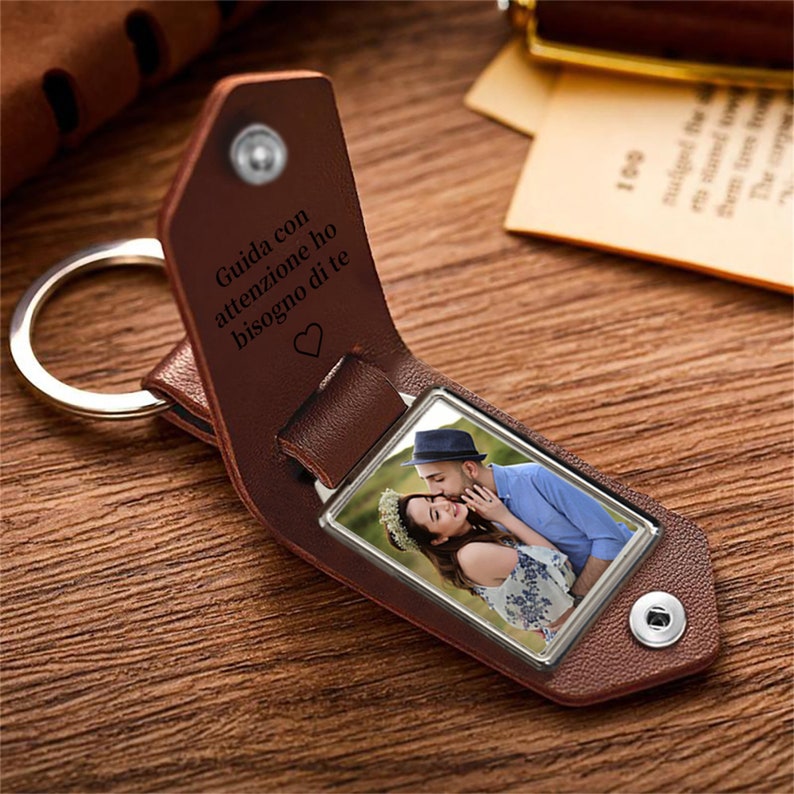 Personalized Mens Leather Keychain with Photo,Metal Tag Photo Keychain,Engraved key chain,Christmas Gifts for Dad,Anniversary Gifts for Him