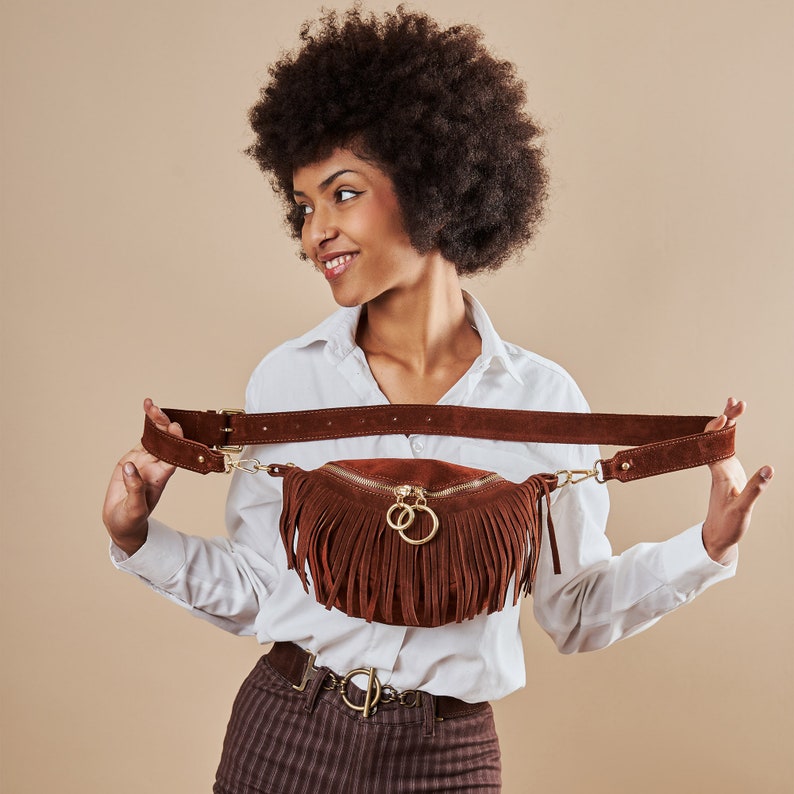 Boho Crossbody Bag, Italian Leather Fringe Crossbody Bag, Suede Leather Waist Bag for Women, Leather Fanny Pack, Women's Fringe Belt Bag