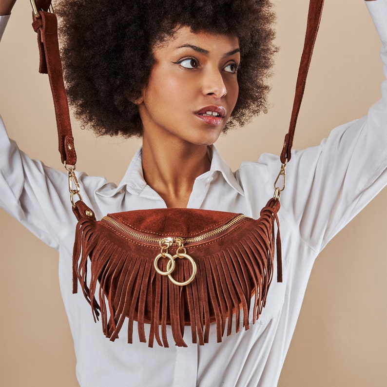 Boho Crossbody Bag, Italian Leather Fringe Crossbody Bag, Suede Leather Waist Bag for Women, Leather Fanny Pack, Women's Fringe Belt Bag