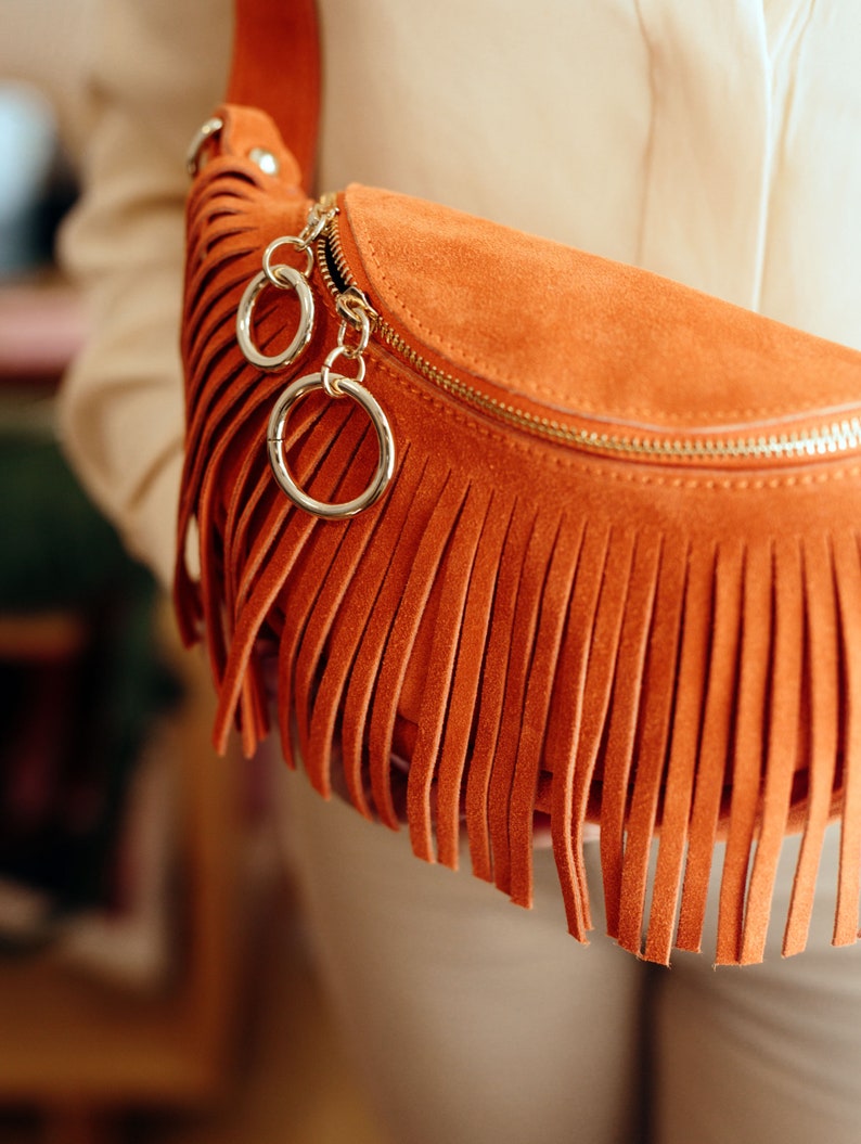 Boho Crossbody Bag, Italian Leather Fringe Crossbody Bag, Suede Leather Waist Bag for Women, Leather Fanny Pack, Women's Fringe Belt Bag