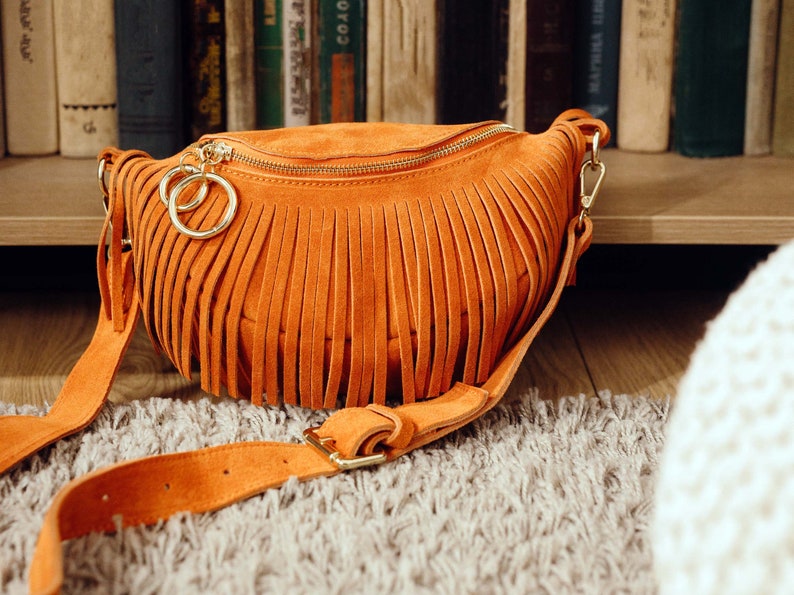 Boho Crossbody Bag, Italian Leather Fringe Crossbody Bag, Suede Leather Waist Bag for Women, Leather Fanny Pack, Women's Fringe Belt Bag