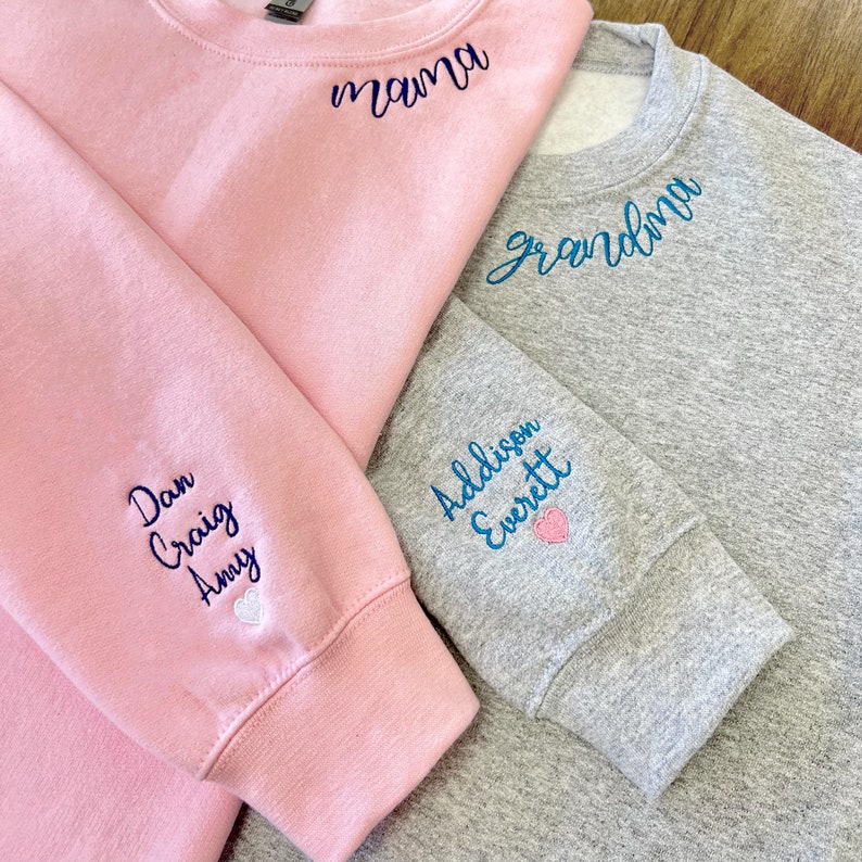 Mama Embroidered Sweatshirt, Custom Mama Shirt With Kids Names, Heart On Sleeve, Pregnancy Reveal Hoodie Gift For New Mom, Mother's Day Gift