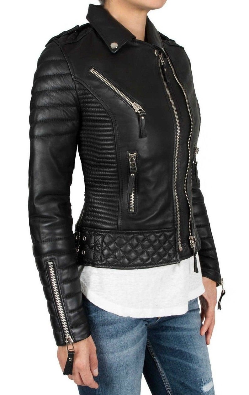 Vintage Black Women's Slim Fit Biker Diamond Quilted Kay Michaels Real Leather Party Style Jacket