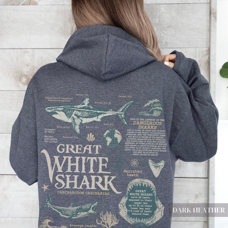 Retro Great White Shark Biology Hoodie | Vintage 90s Y2k Oceancore Aesthetic, Cute Baggy Beach Sweater, Gift For Marine/Wildlife Biologist