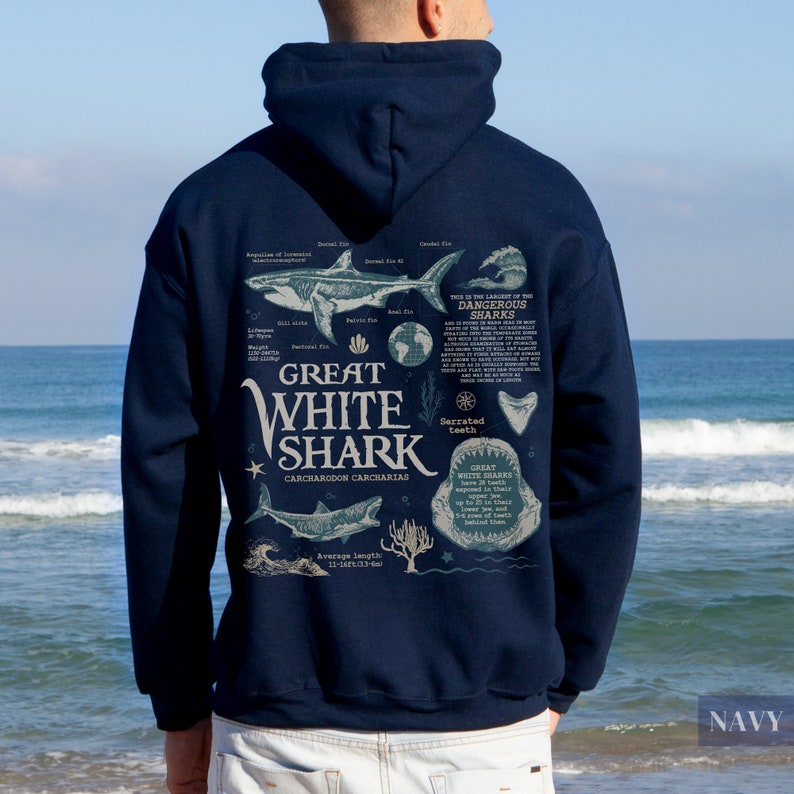 Retro Great White Shark Biology Hoodie | Vintage 90s Y2k Oceancore Aesthetic, Cute Baggy Beach Sweater, Gift For Marine/Wildlife Biologist