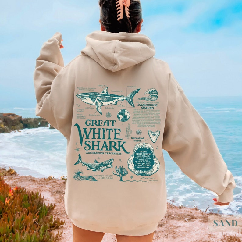 Retro Great White Shark Biology Hoodie | Vintage 90s Y2k Oceancore Aesthetic, Cute Baggy Beach Sweater, Gift For Marine/Wildlife Biologist