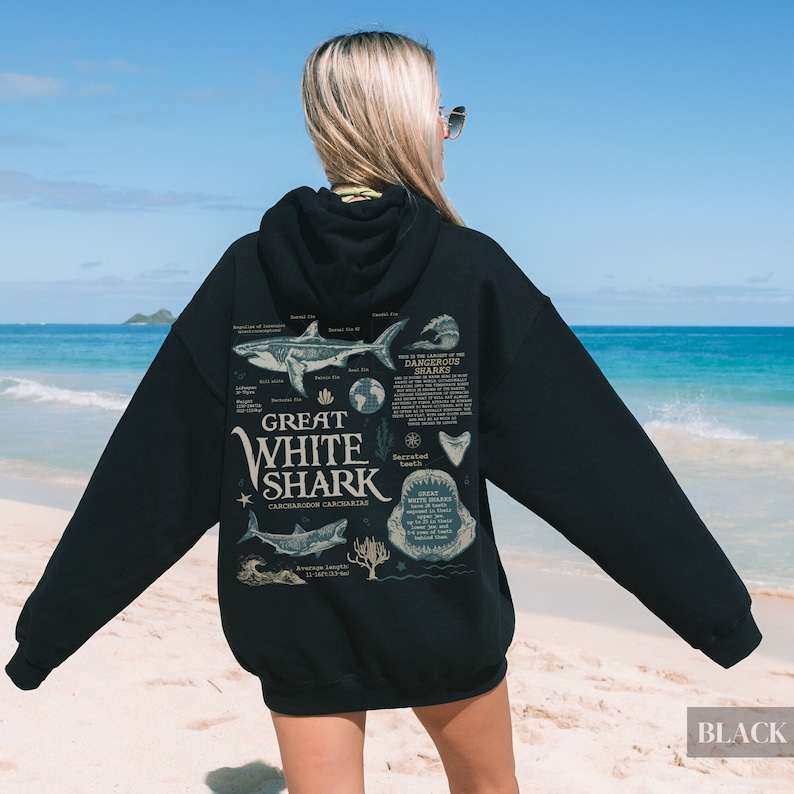 Retro Great White Shark Biology Hoodie | Vintage 90s Y2k Oceancore Aesthetic, Cute Baggy Beach Sweater, Gift For Marine/Wildlife Biologist