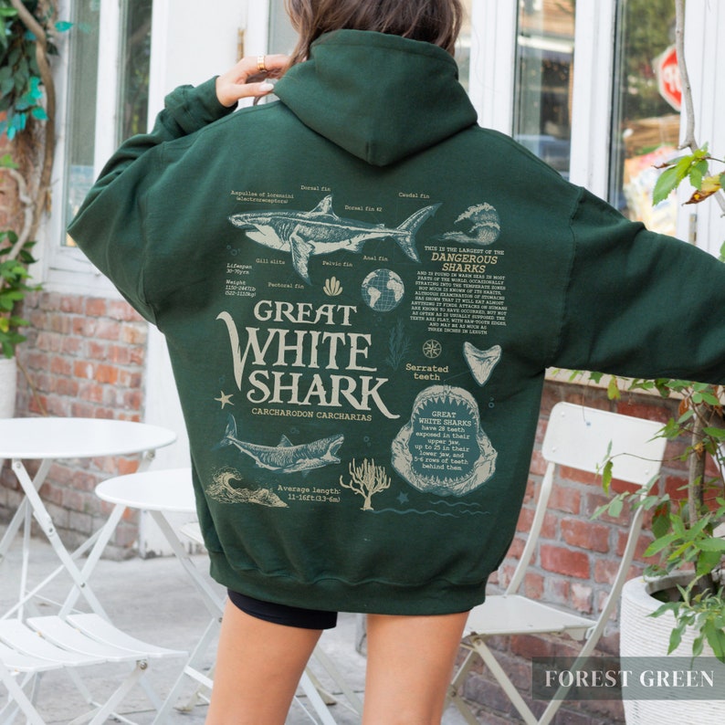 Retro Great White Shark Biology Hoodie | Vintage 90s Y2k Oceancore Aesthetic, Cute Baggy Beach Sweater, Gift For Marine/Wildlife Biologist